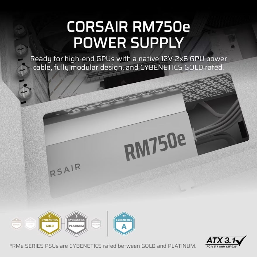 Corsair RMe Series™ RM750e - Fully Modular Low-Noise ATX Power Supply - White (AU), Cybenetics Go... - Image 2