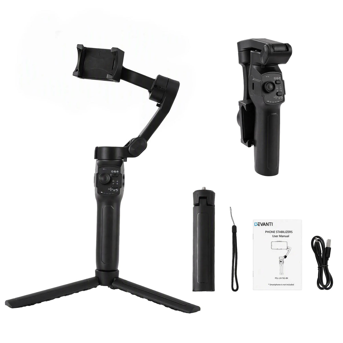 Devanti 3-Axis Gimbal Stabilizer with Tripod for Smartphone, Foldable Selfie Stick - Image 2