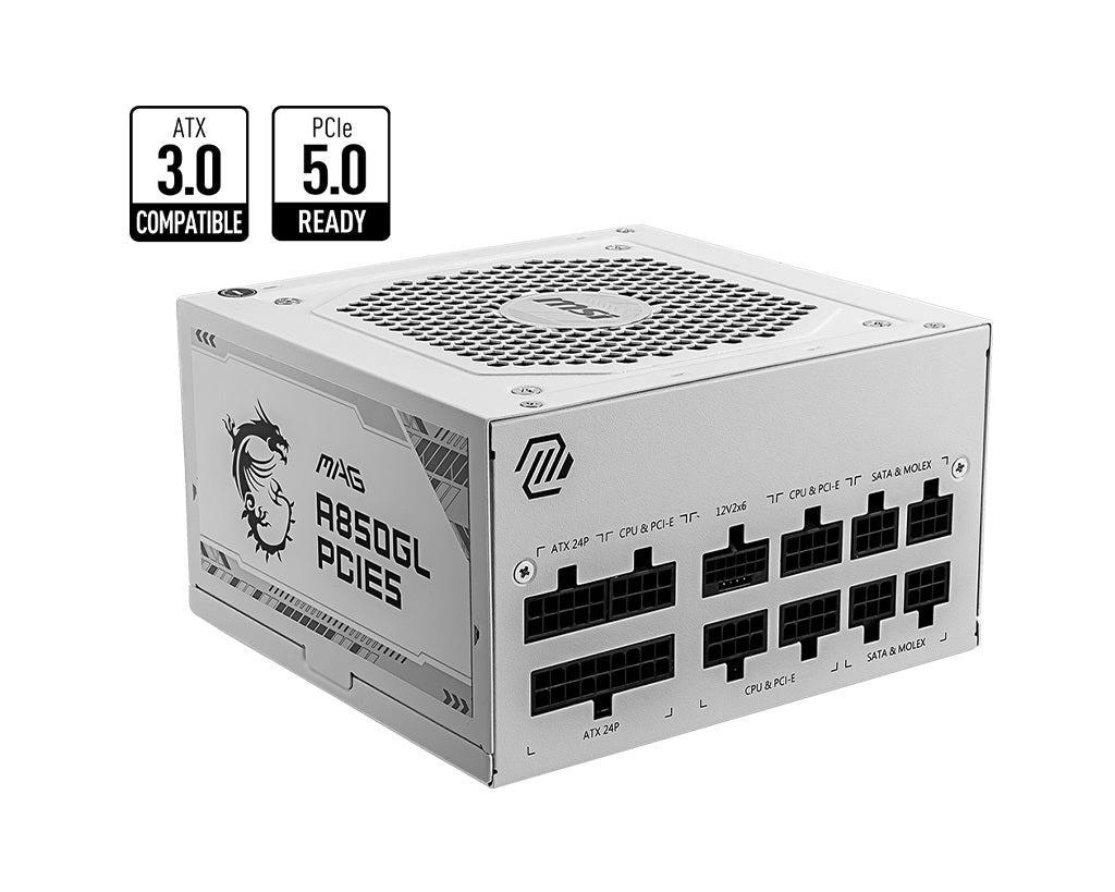 MSI MAG A850GL PCIE5 WHITE 850W Up to 90% (80 Plus Gold) ATX Power Supply Unit, PFC, 100~240 VAC,...