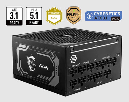 MSI MAG A1000GL PCIE5 ATX Power Supply Unit, 80 PLUS Gold, Fully modular flat cables, 0 RPM Mode,...