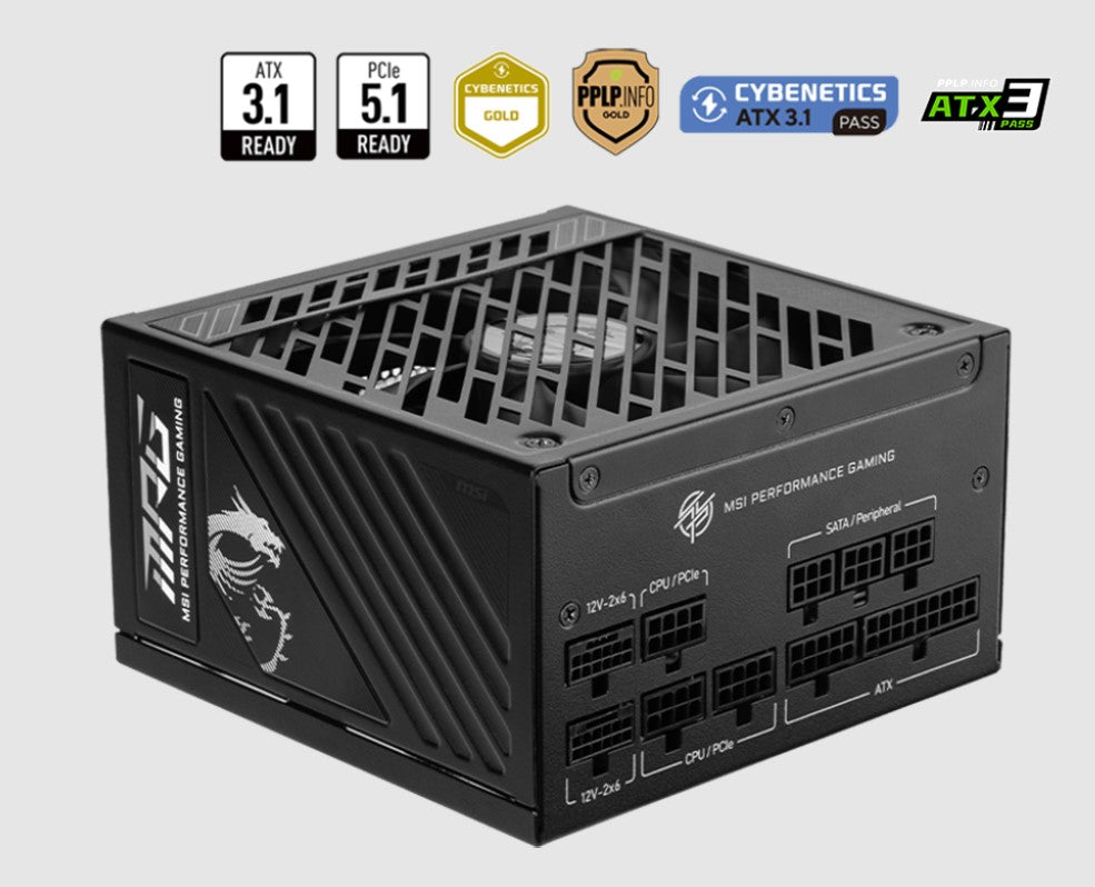 MSI MPG A1000GS PCIE5 1000W ATX Power Supply Unit, 80 PLUS Gold, Fully modular flat cables, 0 RPM...