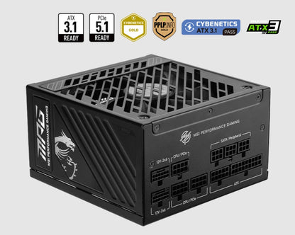 MSI MAG A1250GS PCIE5 ATX Power Supply Unit, 80 PLUS Gold, Fully modular flat cables, 0 RPM Mode,...