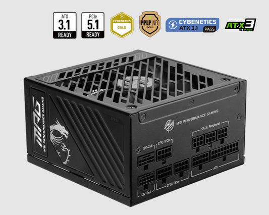 MSI MAG A1250GS PCIE5 ATX Power Supply Unit, 80 PLUS Gold, Fully modular flat cables, 0 RPM Mode,...