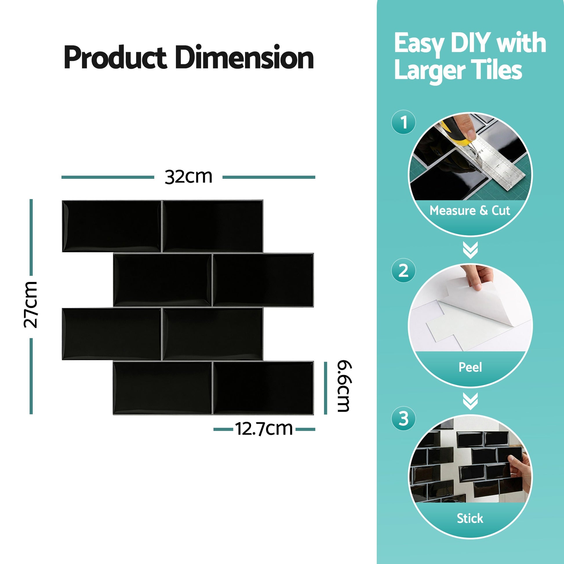 Artiss 3D Peel and Stick Wall Tiles Self Adhesive Subway Backsplash 10 Sheets, Black - Image 3