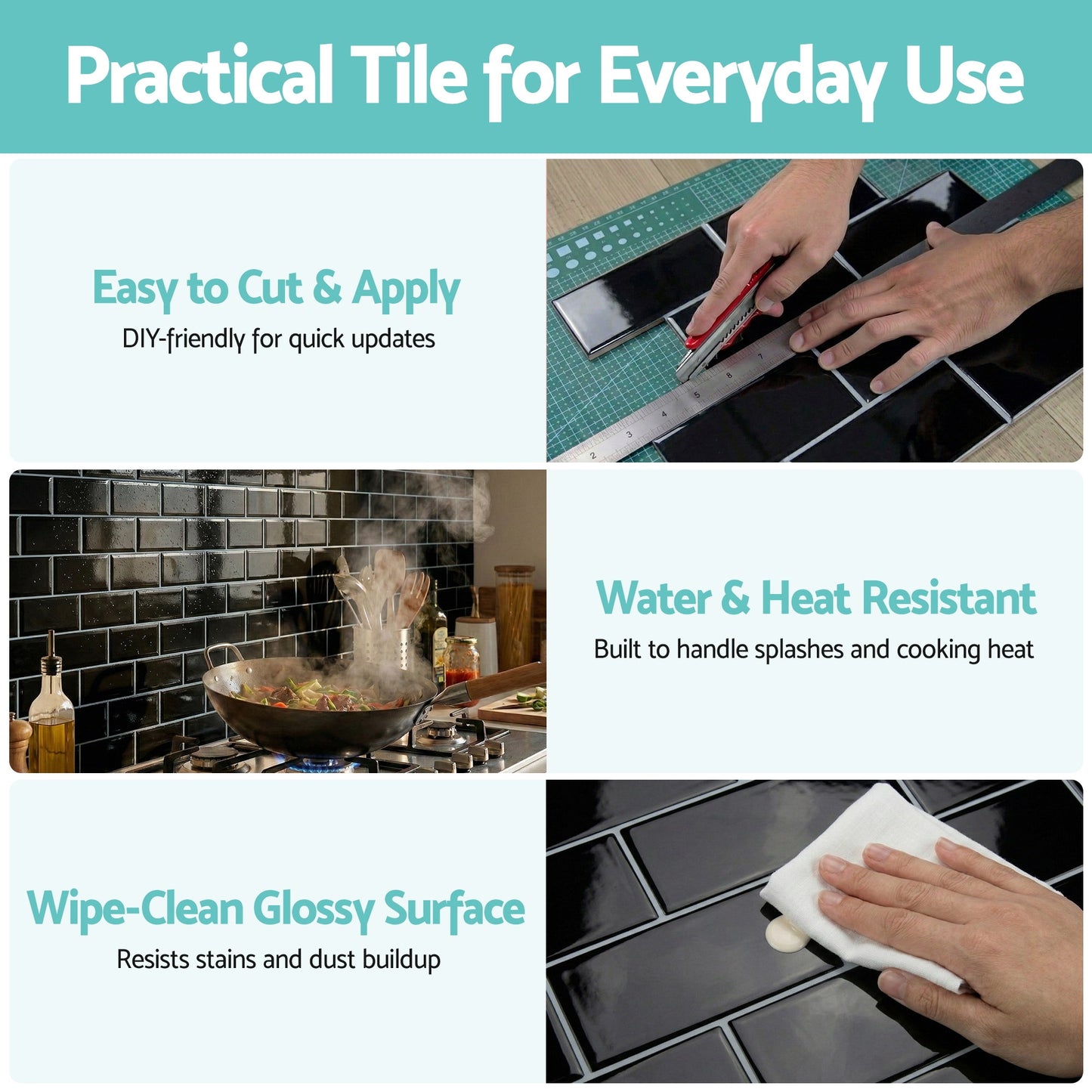 Artiss 3D Peel and Stick Wall Tiles Self Adhesive Subway Backsplash 10 Sheets, Black - Image 7