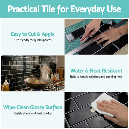 Artiss 3D Peel and Stick Wall Tiles Self Adhesive Subway Backsplash 10 Sheets, Black - Image 7