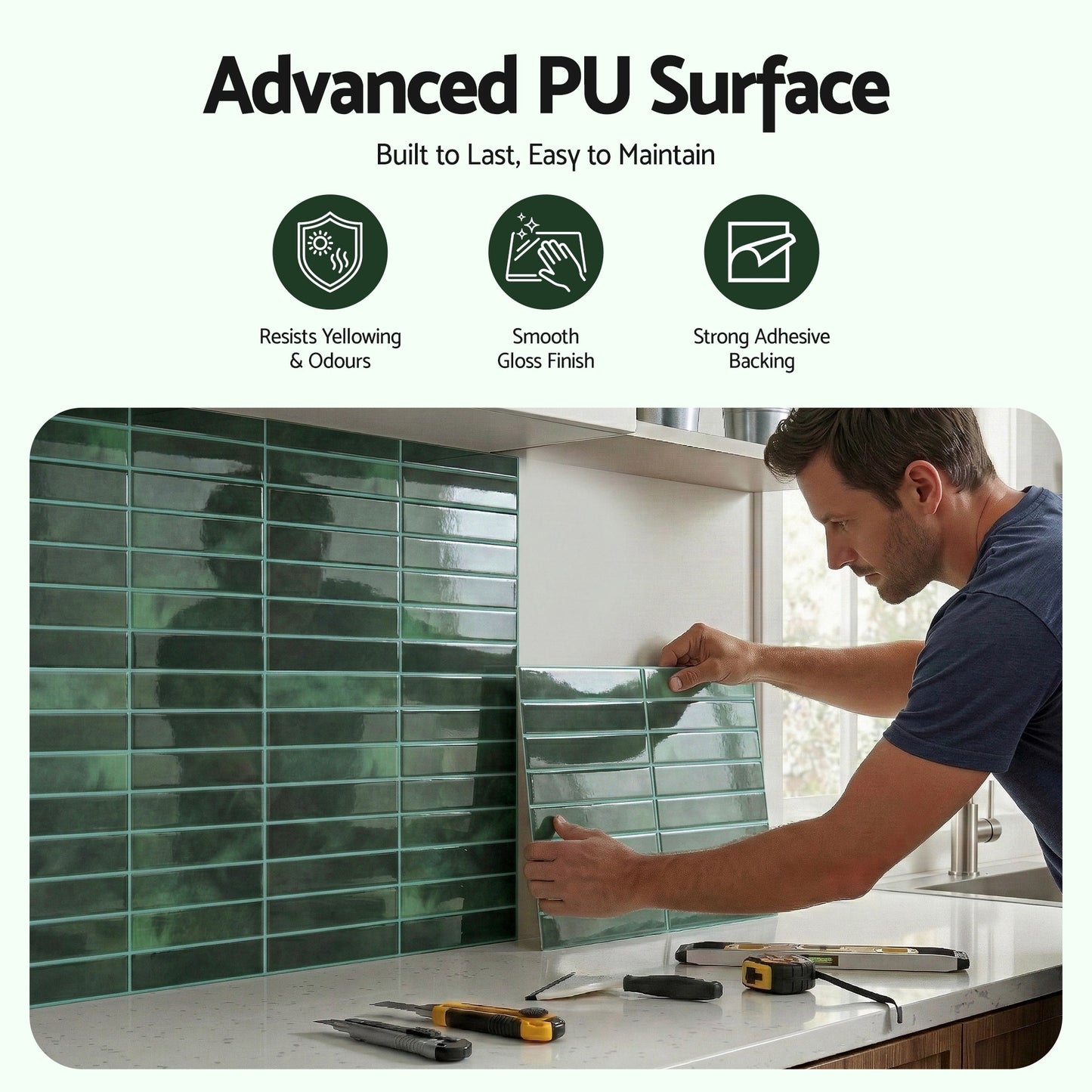 Artiss 3D Peel and Stick Wall Tiles Self Adhesive LinearGrid Backsplash 10 Sheets, Green - Image 4