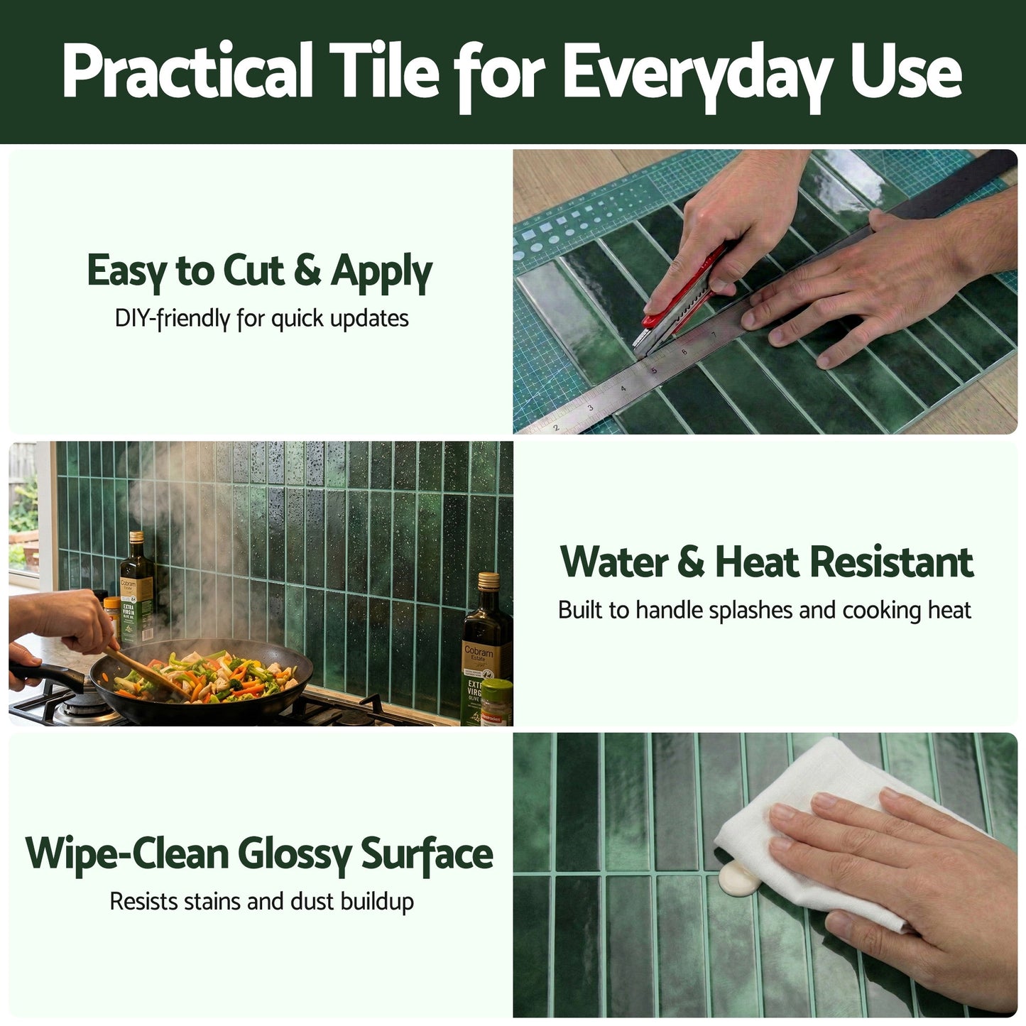 Artiss 3D Peel and Stick Wall Tiles Self Adhesive LinearGrid Backsplash 10 Sheets, Green - Image 6