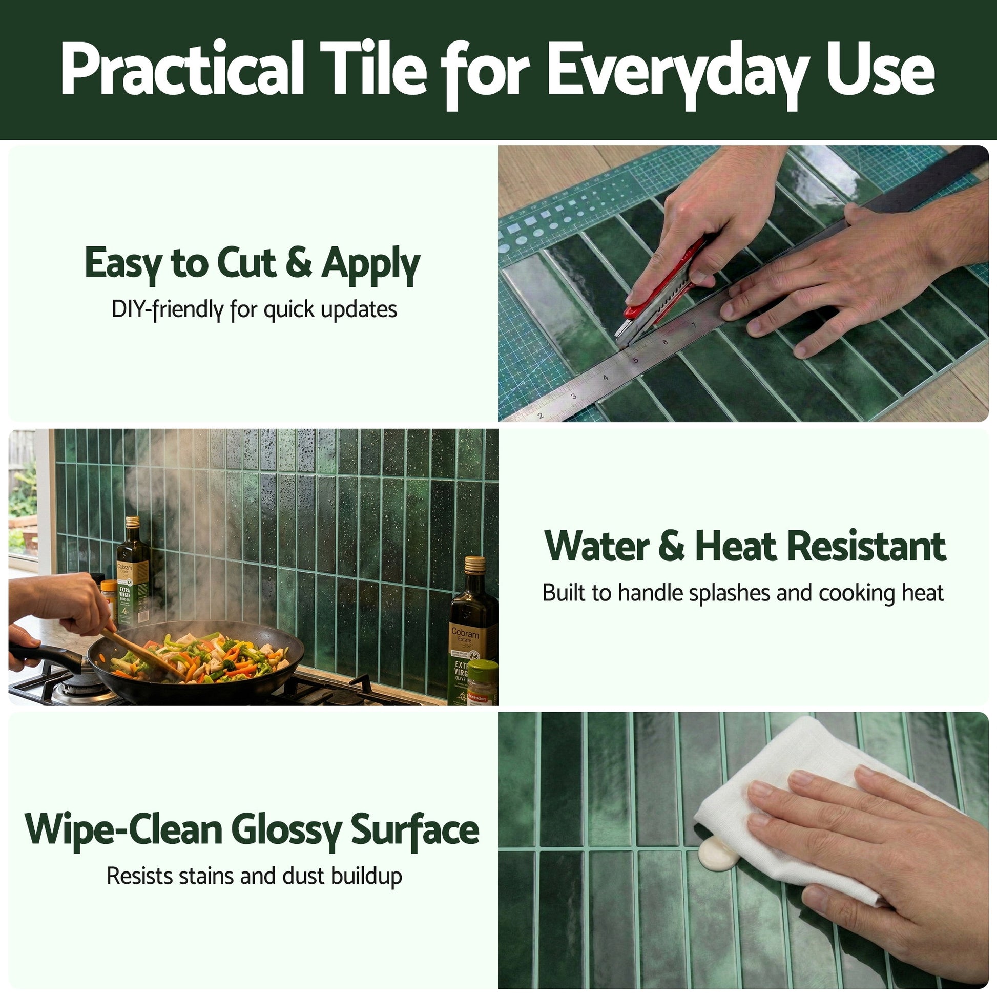 Artiss 3D Peel and Stick Wall Tiles Self Adhesive LinearGrid Backsplash 10 Sheets, Green - Image 6