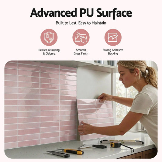 Artiss 3D Peel and Stick Wall Tiles Self Adhesive LinearGrid Backsplash 10 Sheets, Pink - Image 3
