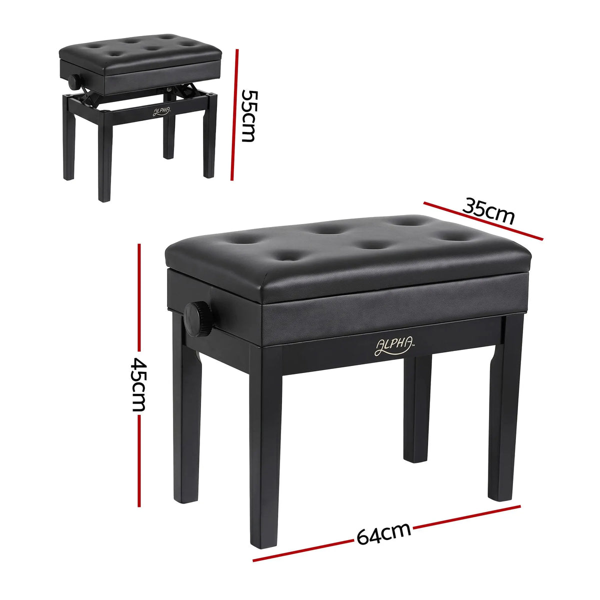 Alpha Adjustable Piano Bench Wooden Keyboard Seat Padded Music Chair Black - Image 2