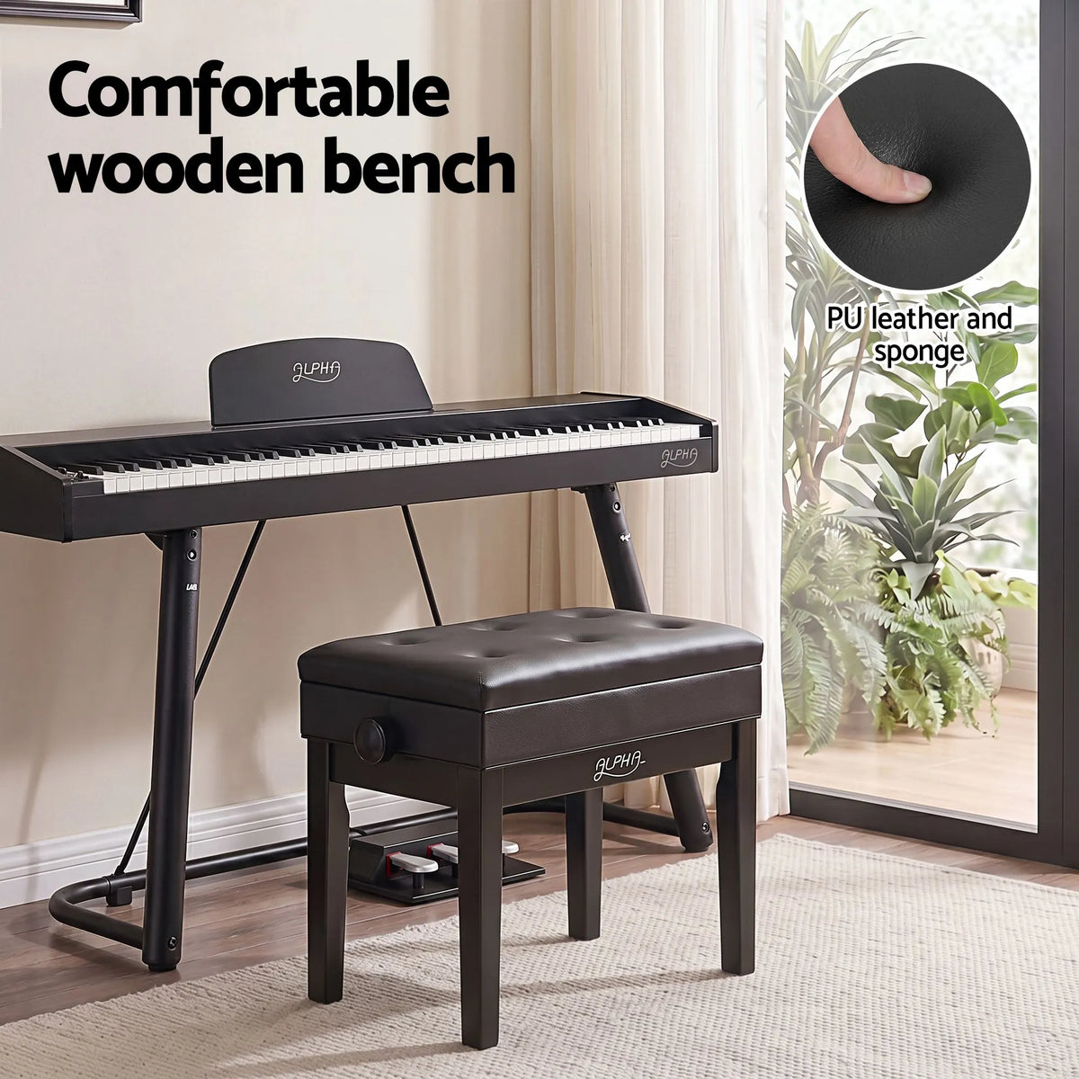 Alpha Adjustable Piano Bench Wooden Keyboard Seat Padded Music Chair Black - Image 5