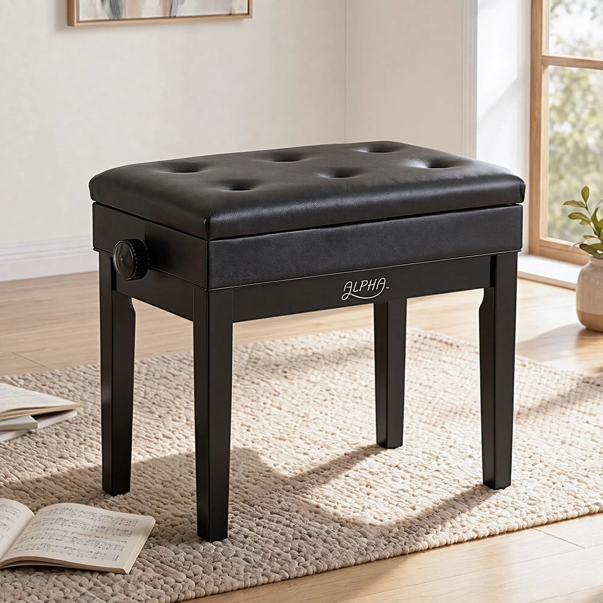 Alpha Adjustable Piano Bench Wooden Keyboard Seat Padded Music Chair Black - Image 8