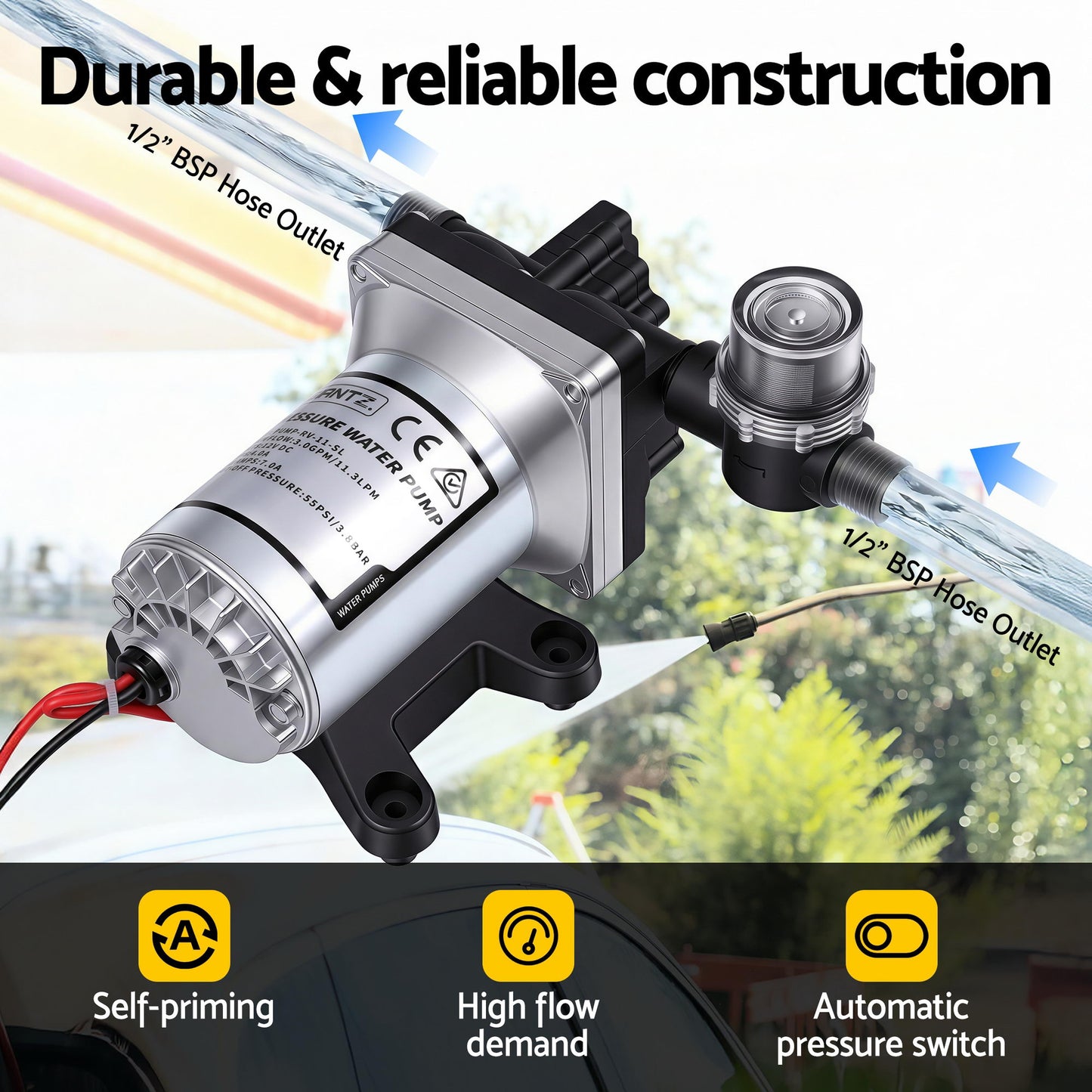 Giantz 12V Water Pump High Pressure Fast Self Priming 11.3L with Auto Switch for RV Caravan Boat - Image 4