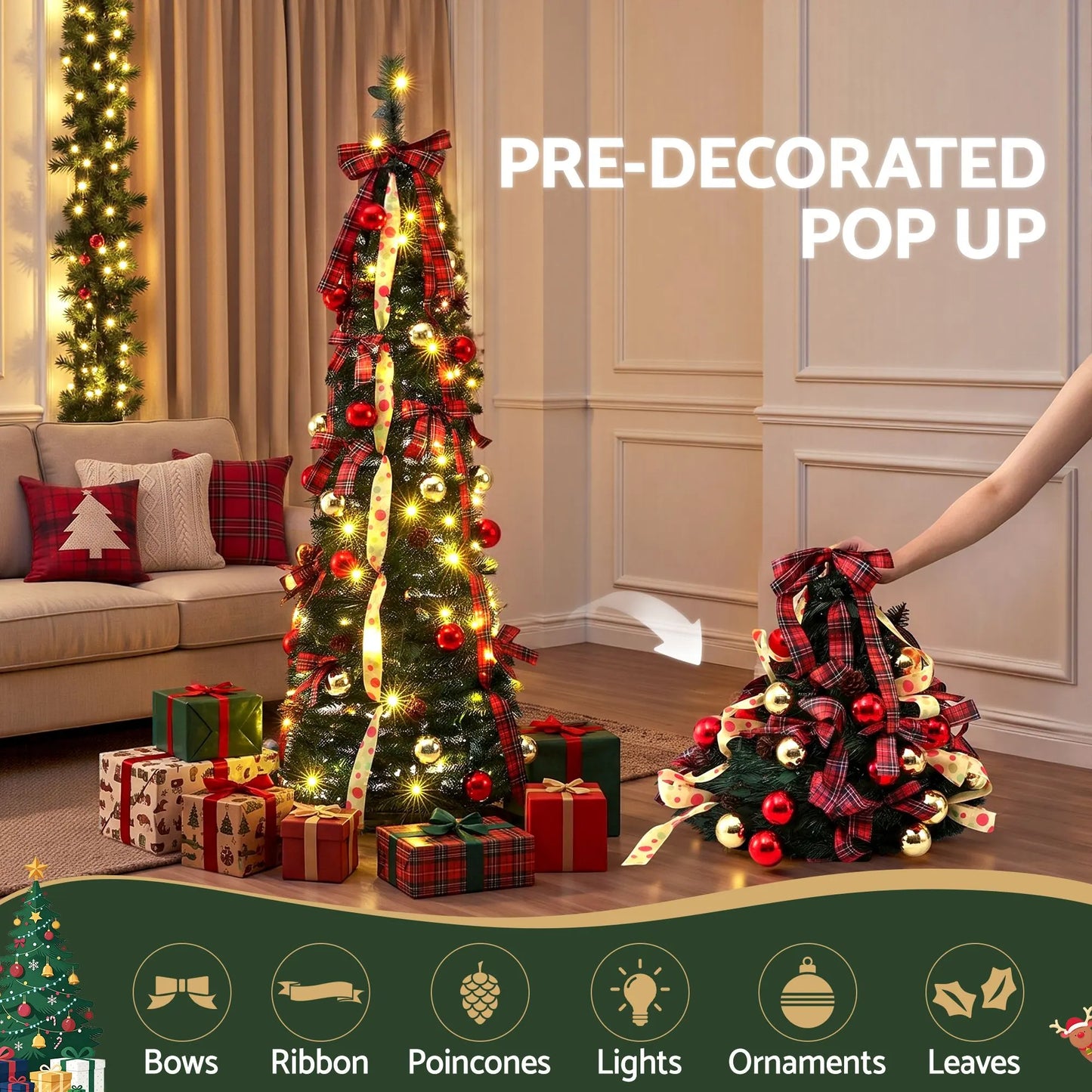 Jingle Jollys Pop Up Christmas Tree Pre Decorated Artificial Christmas Tree 160cm - Image 3