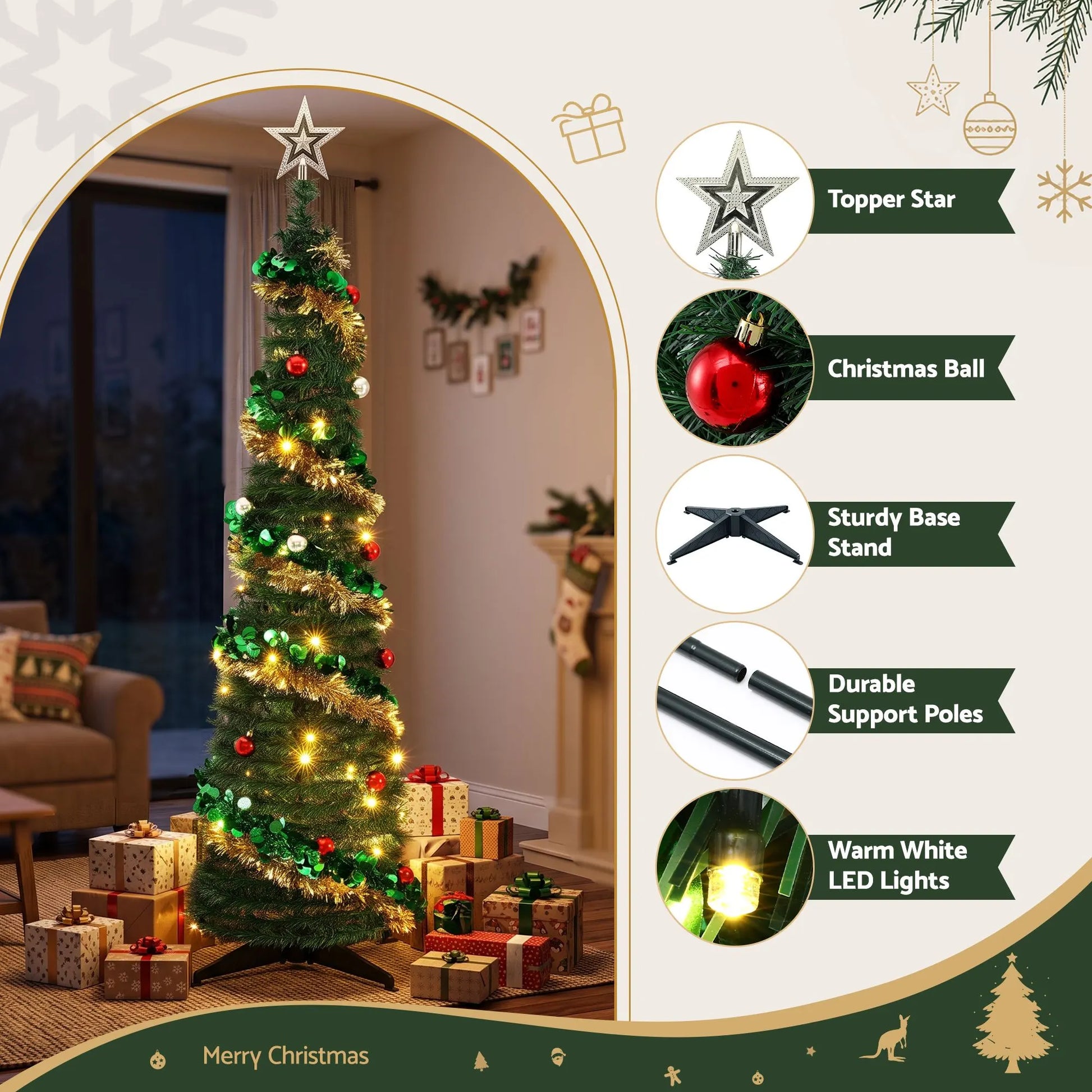 Jingle Jollys Pop Up Christmas Tree Pre Decorated Warm White LED 160cm - Image 2