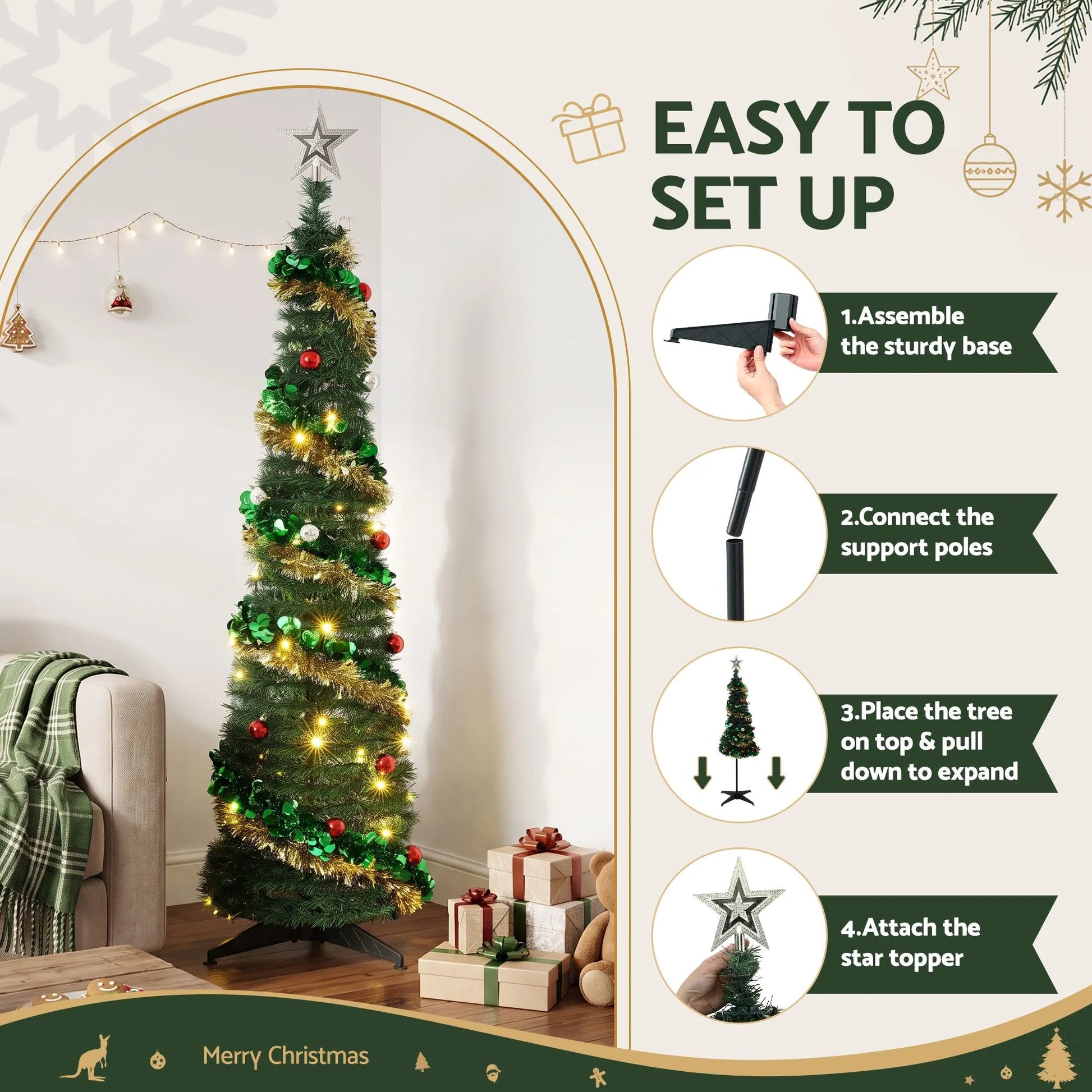 Jingle Jollys Pop Up Christmas Tree Pre Decorated Warm White LED 160cm - Image 5