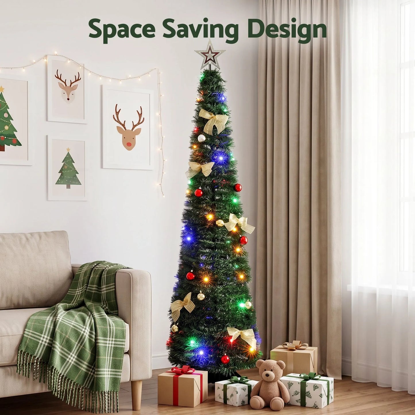 Jingle Jollys Pop Up Christmas Tree Pre Decorated Multicolour LED 155cm - Image 4