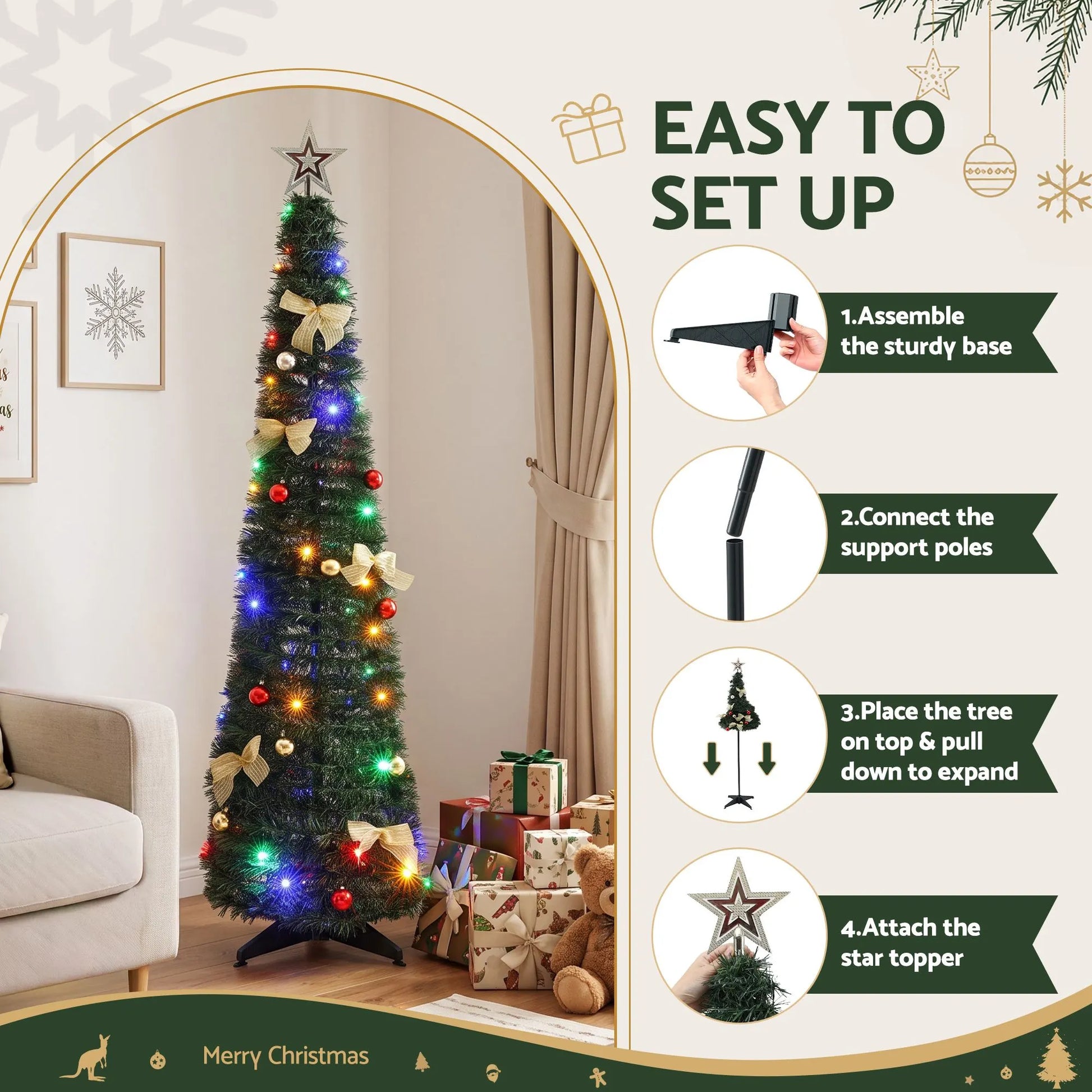 Jingle Jollys Pop Up Christmas Tree Pre Decorated Multicolour LED 155cm - Image 5