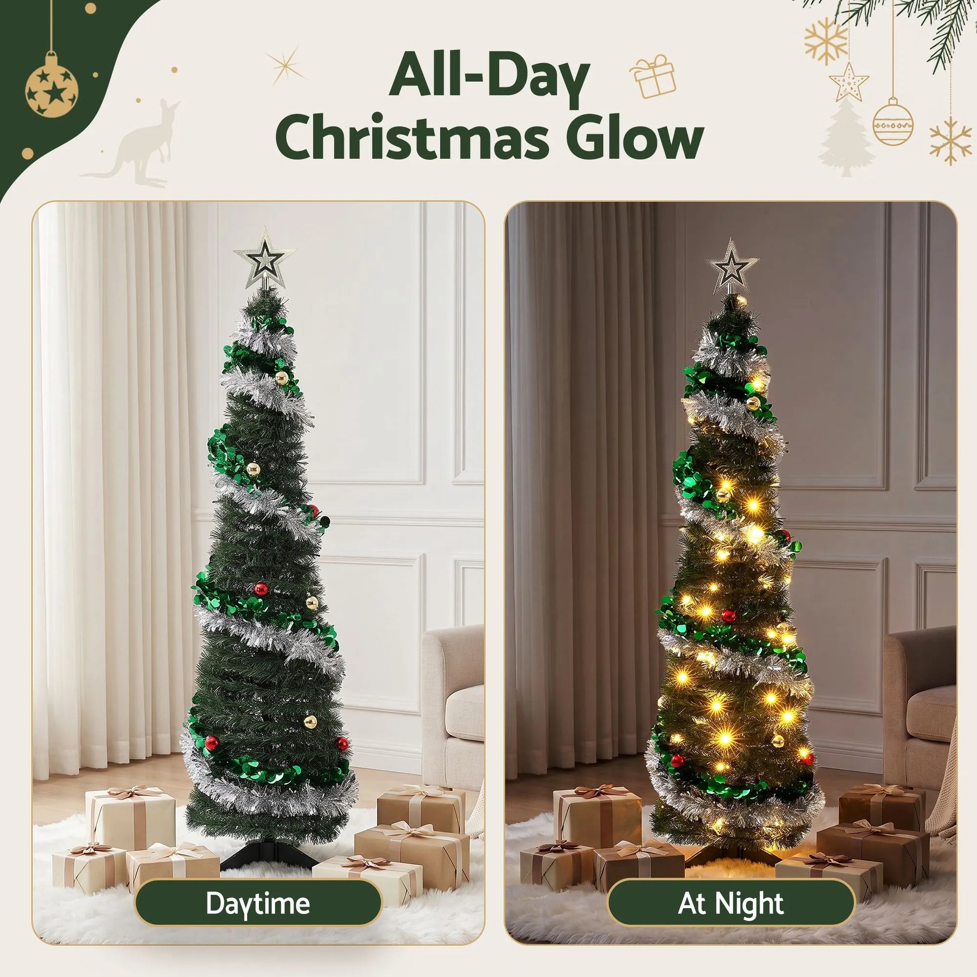 Jingle Jollys Pop Up Christmas Tree Pre Decorated Warm White LED 155cm - Image 3