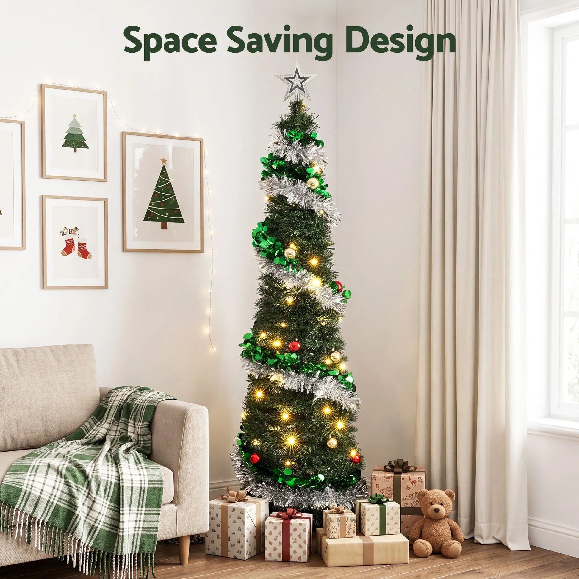 Jingle Jollys Pop Up Christmas Tree Pre Decorated Warm White LED 155cm - Image 4