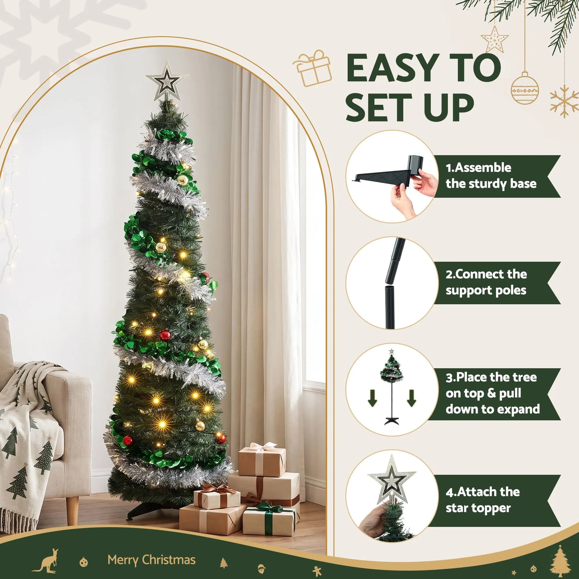 Jingle Jollys Pop Up Christmas Tree Pre Decorated Warm White LED 155cm - Image 5