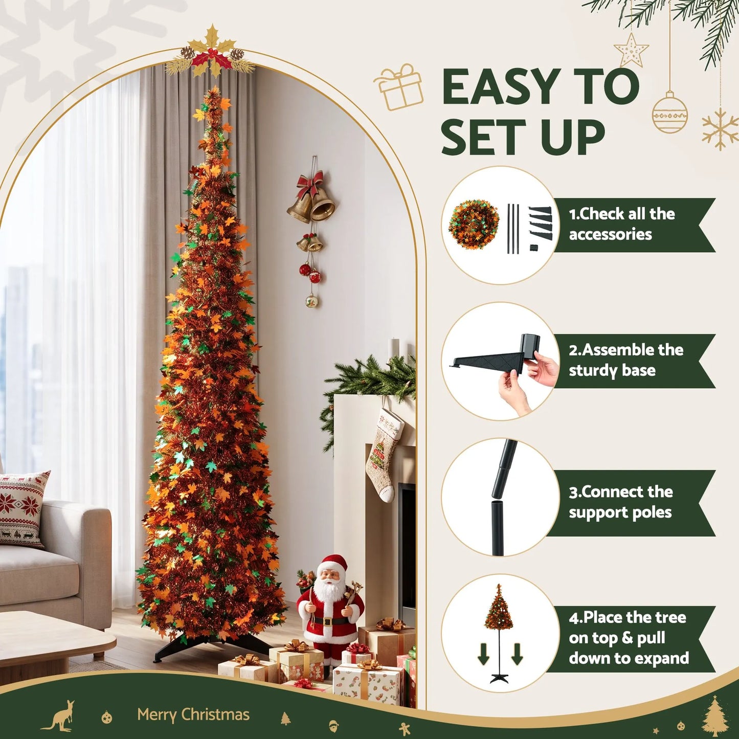 Jingle Jollys 160cm Pop Up Christmas Tree Artificial Christmas Tree Golden Maple Leaf - Image 5