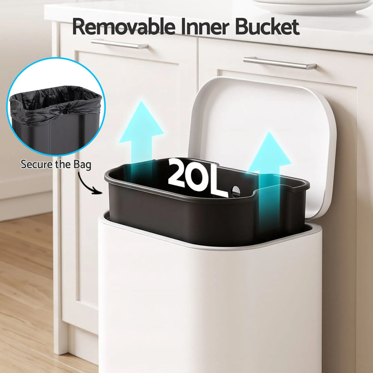 Cefito 20L Trash Bin Steel Pedal Bins Soft Close Kitchen Rubbish Waste Can White - Image 5