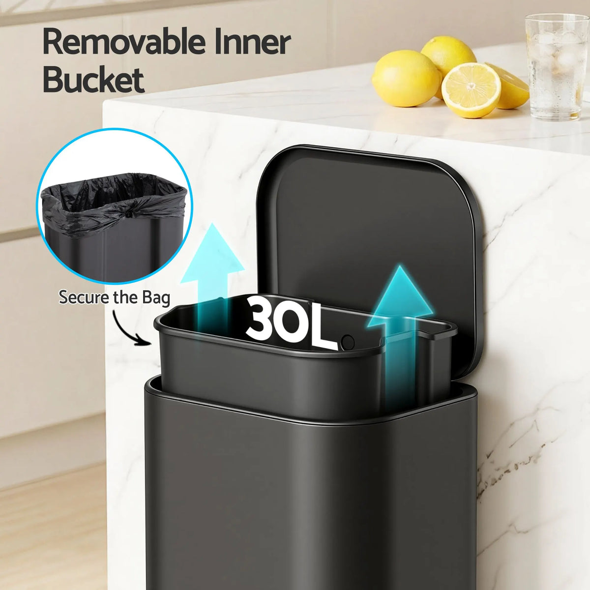 Cefito 30L Pedal Rubbish Bin Kitchen Trash Garbage Waste Can Soft Close Black - Image 5