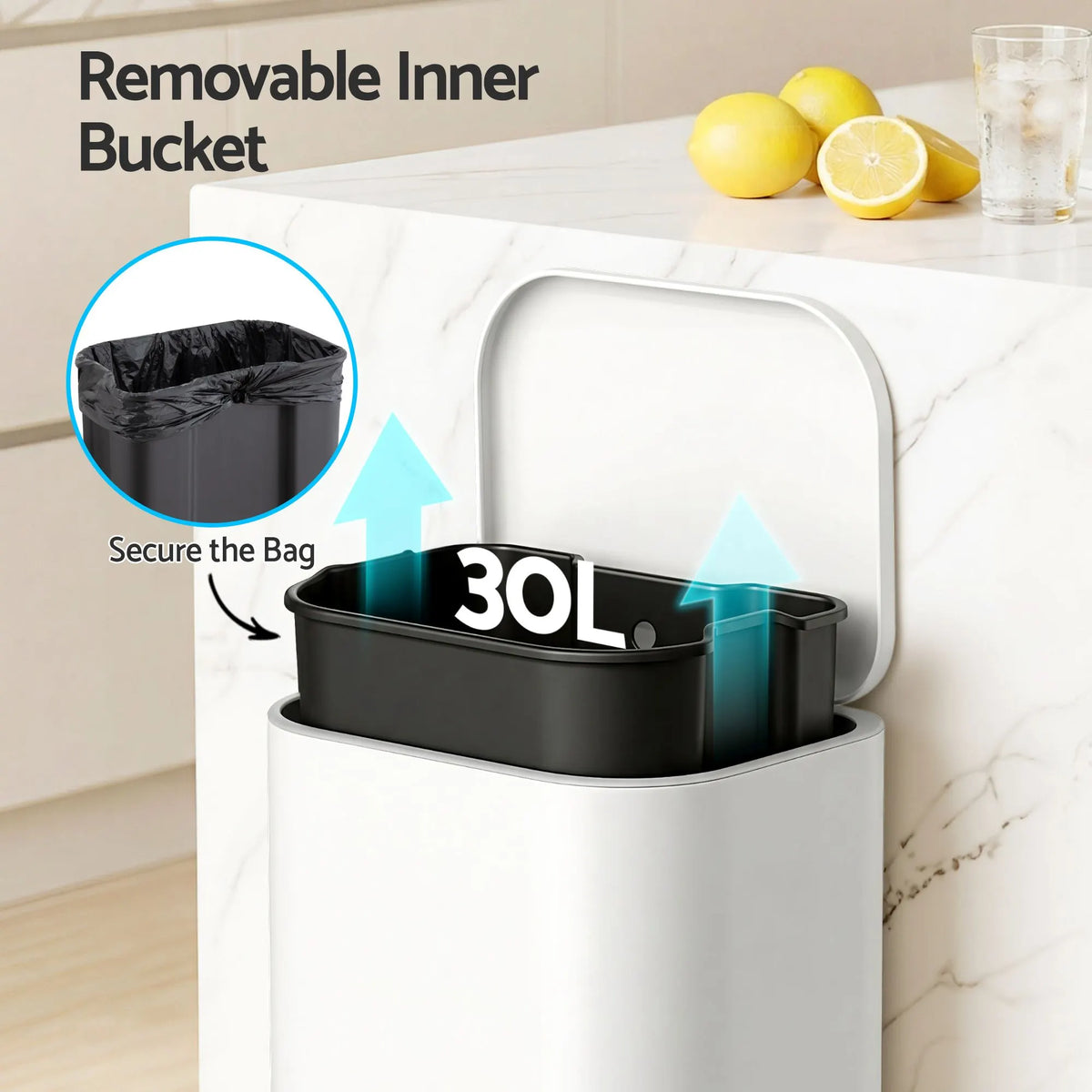 Cefito 30L Pedal Rubbish Bin Kitchen Trash Garbage Waste Can Soft Close White - Image 5