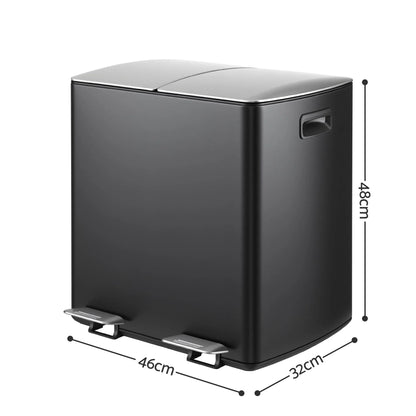 Cefito Pedal Bins Rubbish Bin Dual Compartment Waste Recycle Dustbins 40L Black - Image 2