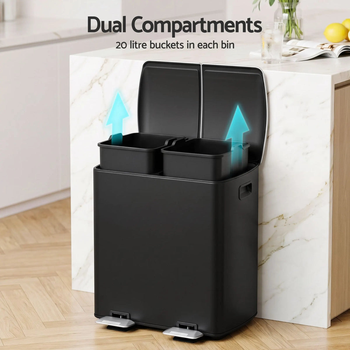 Cefito Pedal Bins Rubbish Bin Dual Compartment Waste Recycle Dustbins 40L Black - Image 5