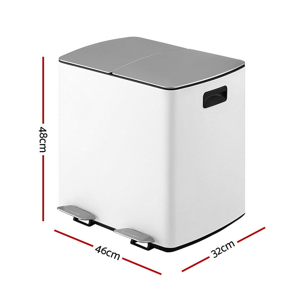 Cefito Pedal Bins Rubbish Bin Dual Compartment Waste Recycle Dustbins 40L White - Image 2