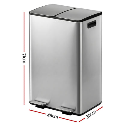 Cefito Pedal Bins Rubbish Bin Dual Compartment Waste Recycle Dustbins 60L Silver - Image 2