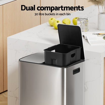 Cefito Pedal Bins Rubbish Bin Dual Compartment Waste Recycle Dustbins 60L Silver - Image 4