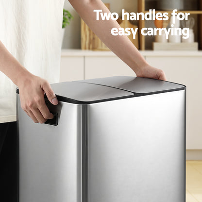 Cefito Pedal Bins Rubbish Bin Dual Compartment Waste Recycle Dustbins 60L Silver - Image 5
