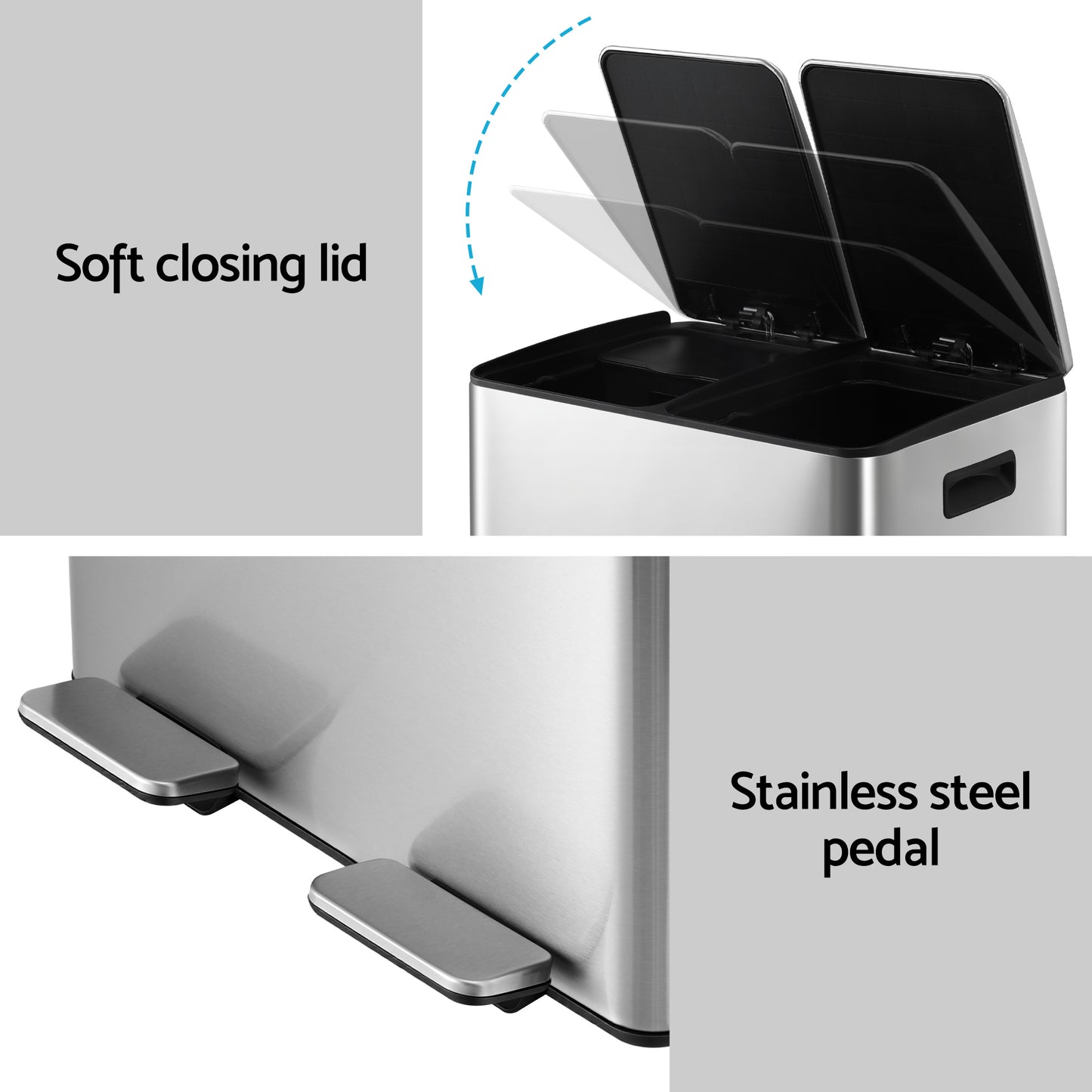 Cefito Pedal Bins Rubbish Bin Dual Compartment Waste Recycle Dustbins 60L Silver - Image 6
