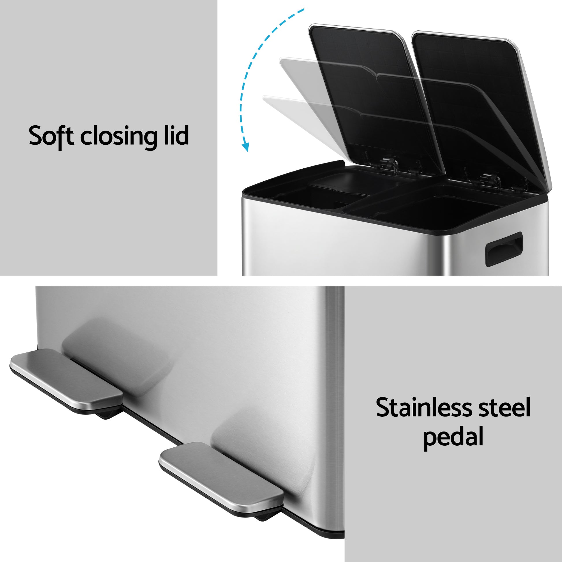Cefito Pedal Bins Rubbish Bin Dual Compartment Waste Recycle Dustbins 60L Silver - Image 6