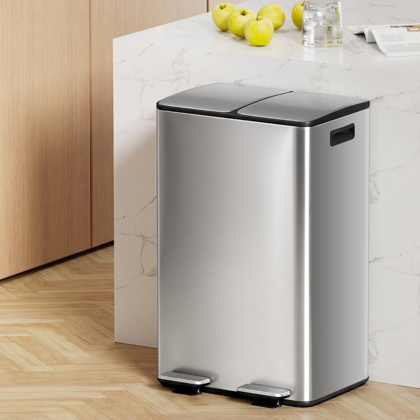 Cefito Pedal Bins Rubbish Bin Dual Compartment Waste Recycle Dustbins 60L Silver - Image 7