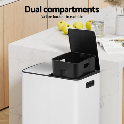 Cefito Pedal Bins Rubbish Bin Dual Compartment Waste Recycle Dustbins 60L White - Image 4