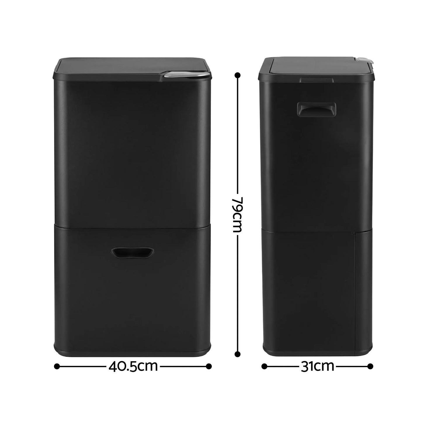 Cefito 63L Rubbish Bin 3 Compartment Carbon Steel Split Door Trash Can Black - Image 2