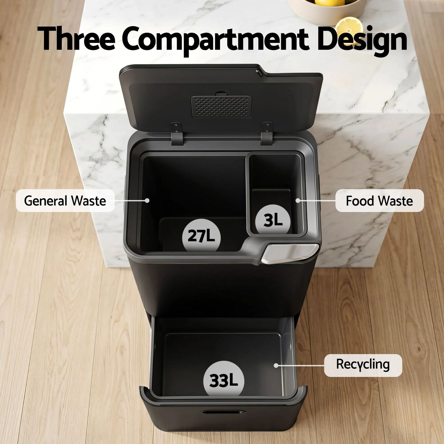 Cefito 63L Rubbish Bin 3 Compartment Carbon Steel Split Door Trash Can Black - Image 4