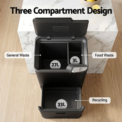 Cefito 63L Rubbish Bin 3 Compartment Carbon Steel Split Door Trash Can Black - Image 4