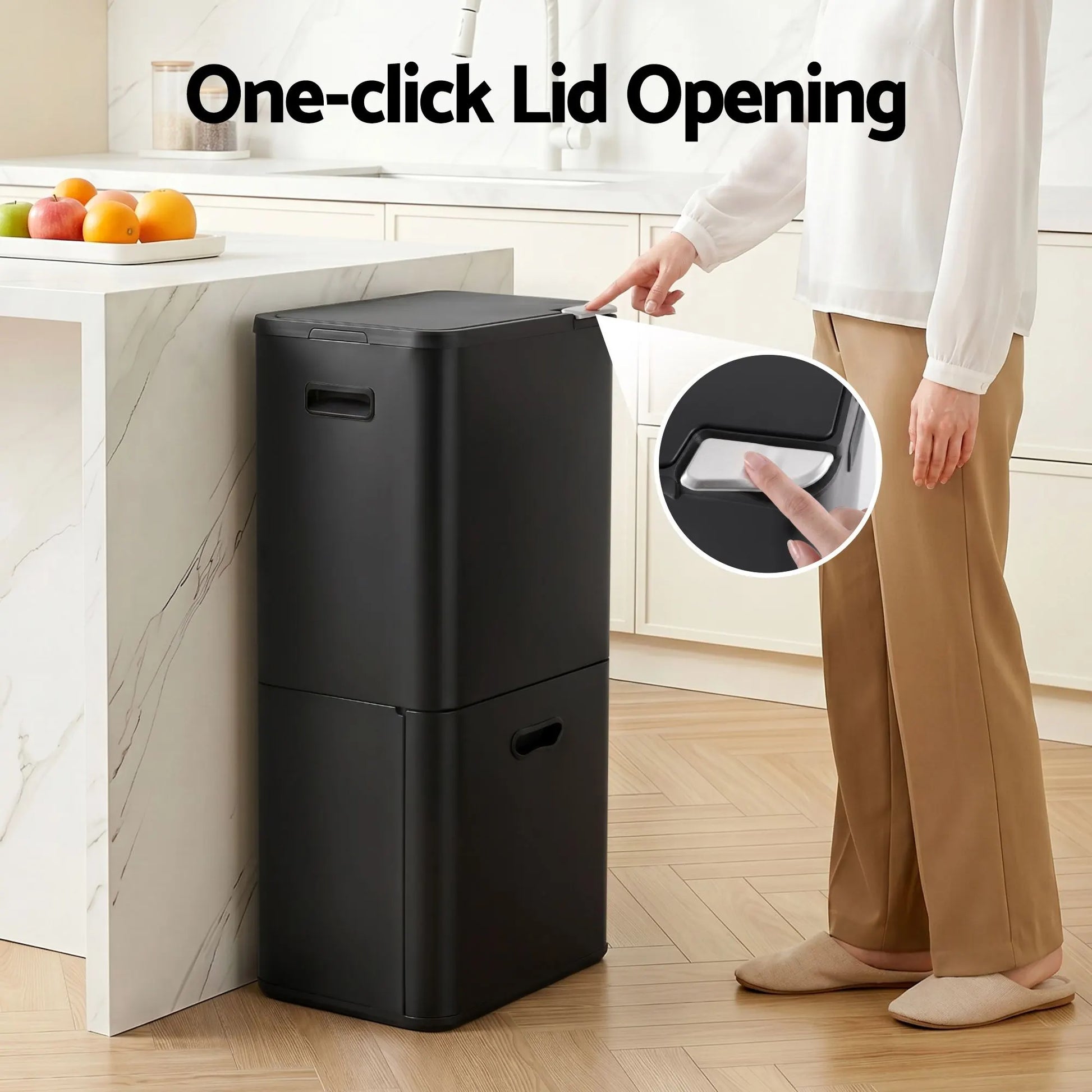 Cefito 63L Rubbish Bin 3 Compartment Carbon Steel Split Door Trash Can Black - Image 5