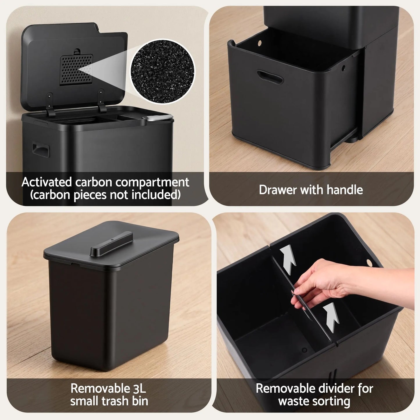 Cefito 63L Rubbish Bin 3 Compartment Carbon Steel Split Door Trash Can Black - Image 7
