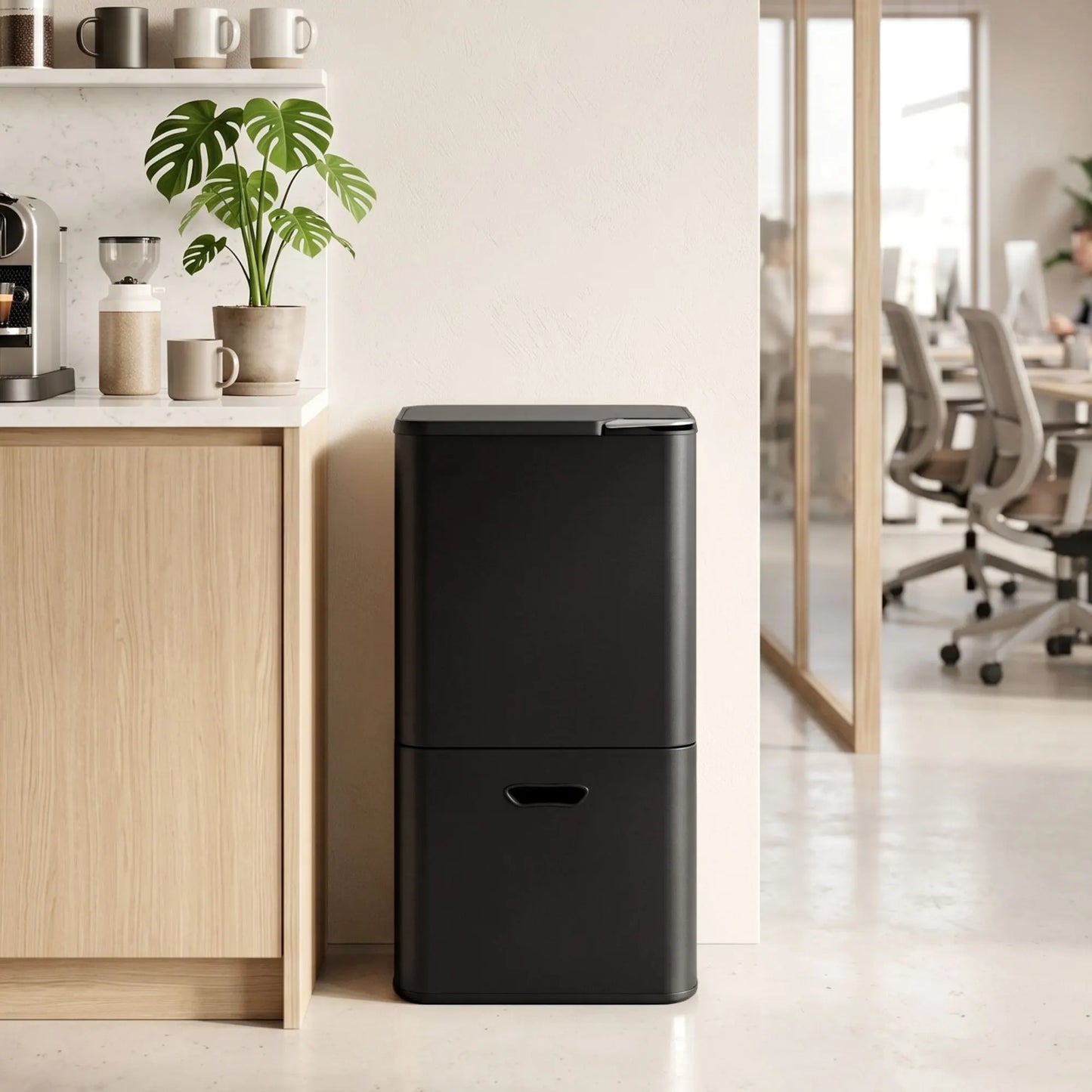Cefito 63L Rubbish Bin 3 Compartment Carbon Steel Split Door Trash Can Black - Image 8