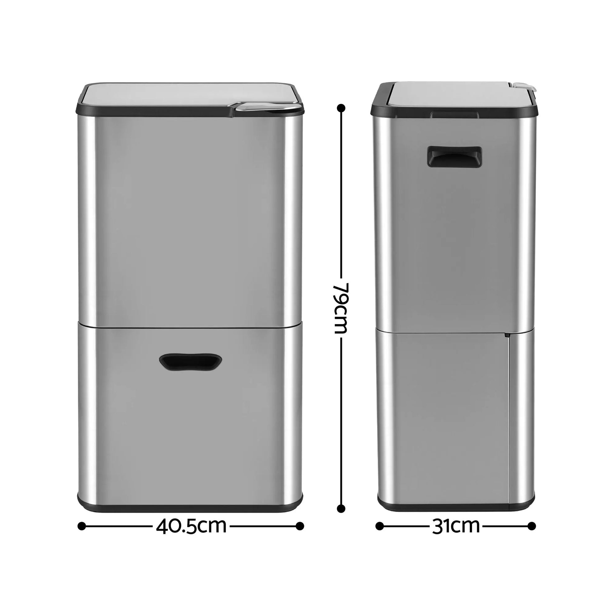 Cefito 63L Rubbish Bin 3 Compartment Stainless Steel Split Door Trash Can Silver - Image 2