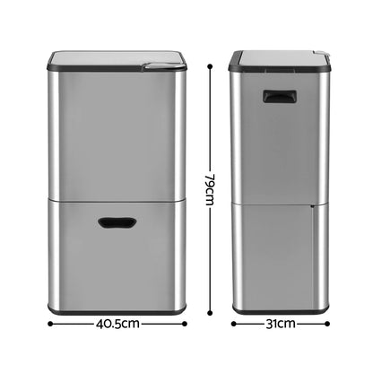 Cefito 63L Rubbish Bin 3 Compartment Stainless Steel Split Door Trash Can Silver - Image 2