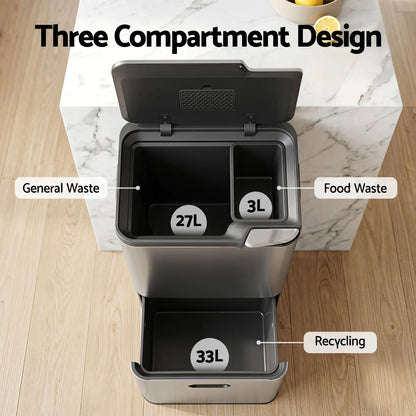 Cefito 63L Rubbish Bin 3 Compartment Stainless Steel Split Door Trash Can Silver - Image 4