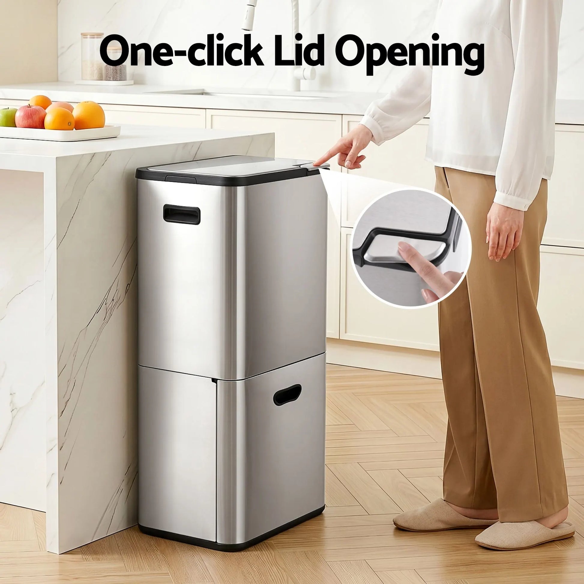 Cefito 63L Rubbish Bin 3 Compartment Stainless Steel Split Door Trash Can Silver - Image 5